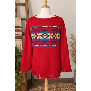 Vintage 90s Southwestern Distressed Knit Sweater Red Cotton Plus Size 2X